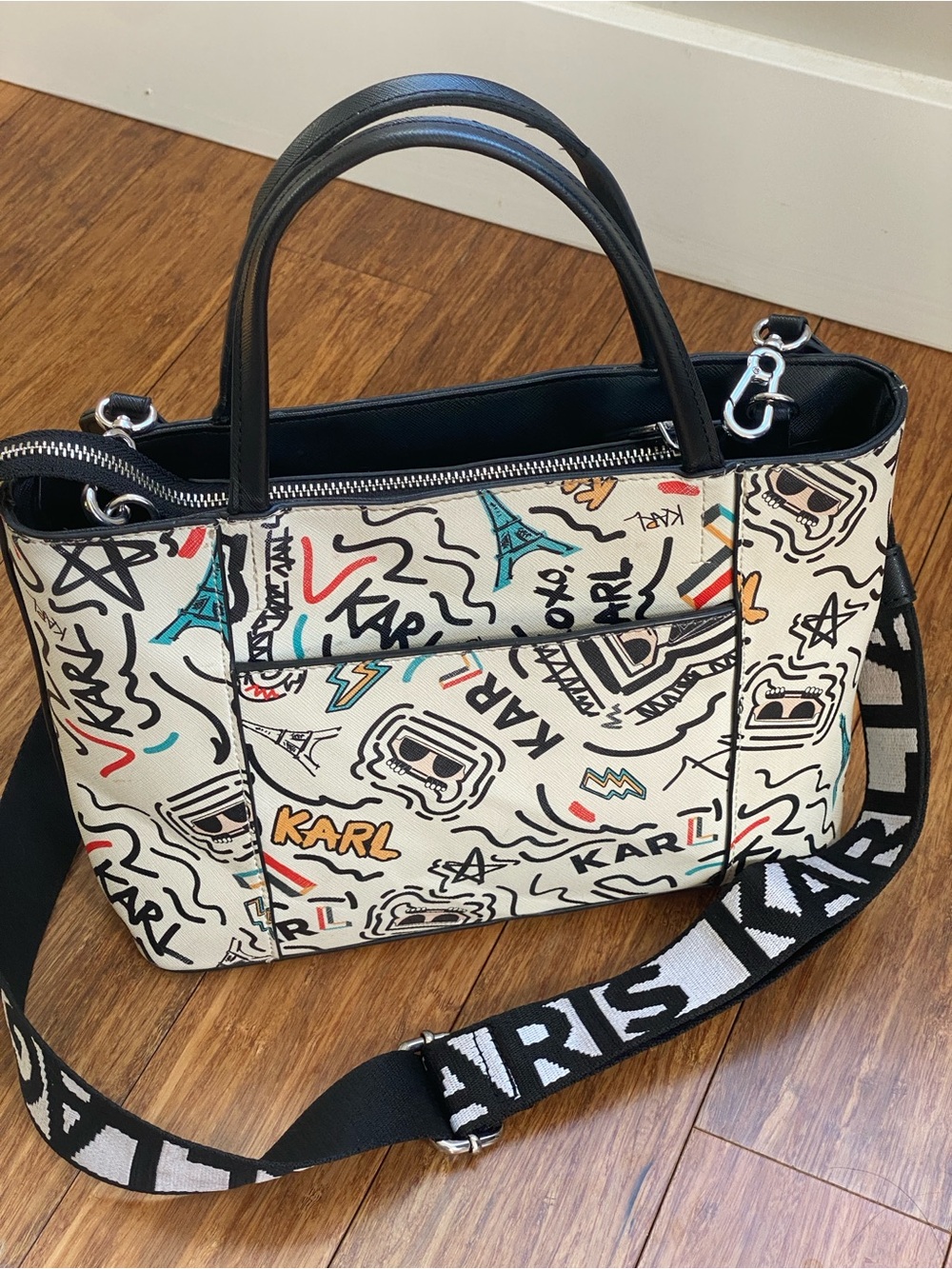 Karl Lagerfeld Paris Adele Tote Bag Purse Cream Sketch Multi Color Print GUC